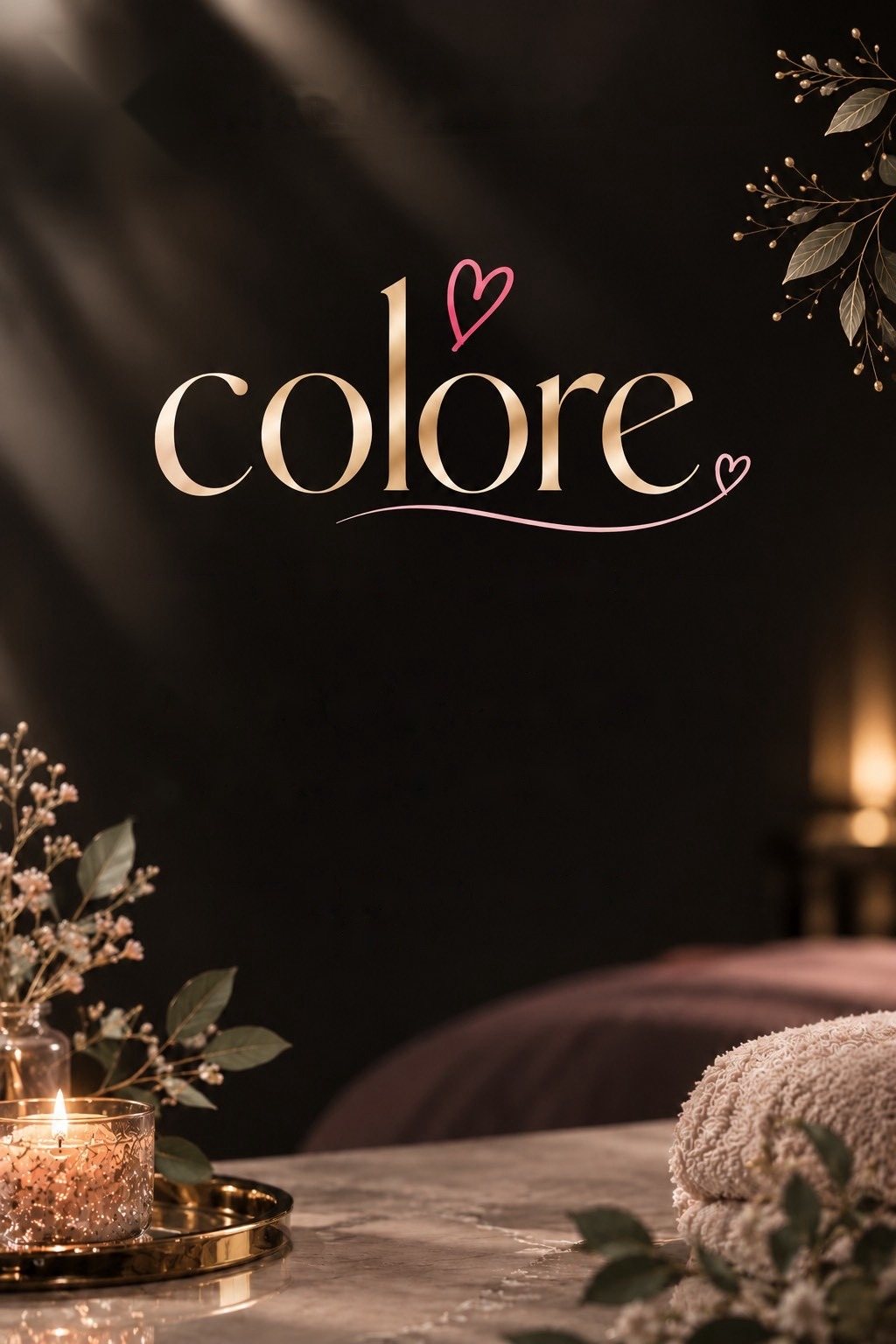 金色の「colore」のロゴと、ろうそく・花・タオルが置かれた、落ち着いた雰囲気のイメージ